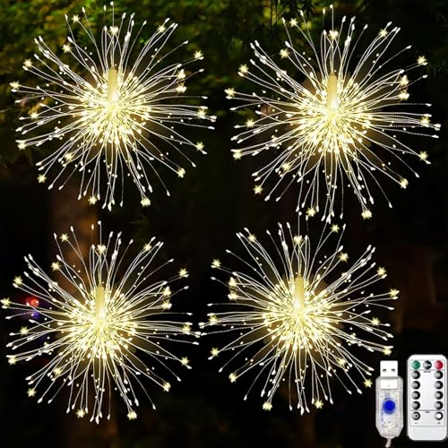 4 Stück LED Lichterkette Feuerwerk,120 LEDs Wasserdicht hängende Feuerwerk Lichter,Feuerwerk Licht Außen,8 Modi Feuerwerk Licht,Fernbedienung,Kupferdraht Feuerwerk Lichter für Außen Garten Baum Deko von LXWINNER