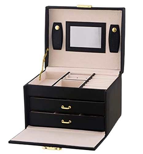 LXWKAI Schmuckaufbewahrungsbox Schmuck-Organizer 3-lagige Schmuckschatulle PU-Leder Schmuck-Organizer-Box mit Schloss und Spiegel Schmucketui für Ringe Ohrringe Halskette (Farbe: B, Größe: 17 von LXWKAI