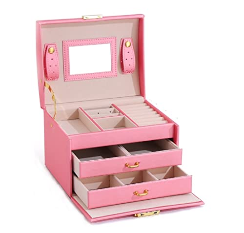 LXWKAI Schmuckaufbewahrungsbox Schmuck-Organizer 3-lagige Schmuckschatulle PU-Leder Schmuck-Organizer-Box mit Schloss und Spiegel Schmucketui für Ringe Ohrringe Halskette (Farbe: B, Größe: 17 von LXWKAI