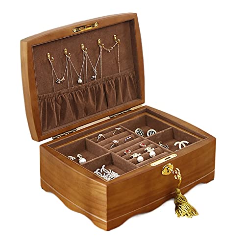 LXWKAI Schmuckschatulle aus Holz für Frauen, Organizer-Box aus massivem Holz mit Schloss, Aufbewahrungsbox für Uhren, Halsketten, Ringe, Schmuck, Reiseetui von LXWKAI