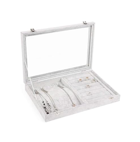 LXWKAI Schmuckschatullen Schmuckschatulle Tablett mit Glasdeckel Grau Schwarz Schmuck Organizer Box Schmuckvitrine für Ohrringe Ringe Halsketten Schmuckhalter Damen von LXWKAI