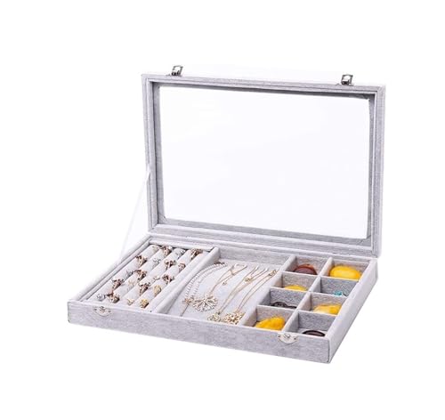 LXWKAI Schmuckschatullen Tablett mit Glasdeckel Grau Schwarz Schmuck Organizer Box Schmuckvitrine für Ohrringe Ringe Halsketten Damen von LXWKAI