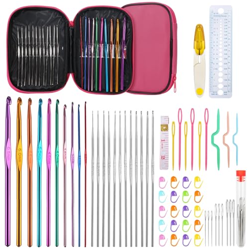 LXYANW 60 Stück Häkelnadel Set, Häkelnadeln Set mit Aufbewahrungsbox, Ergonomische Crochet Hook, Häkelset für Anfänger mit Häkel Zubehör, DIY Handstrick Handwerkskunst Werkzeuge von LXYANW