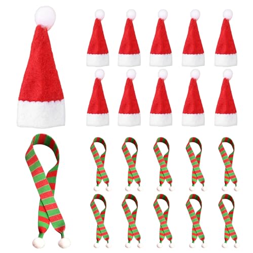 20 Stück Mini Weihnachtsschal Mini Weihnachtsmützen Set, Rote und Grüne Weihnachtsmützen und Schal Kombination für Weihnachten Weinflasche Abdeckung, Puppenhaus, Weihnachtsfeiern Weihnachtsdekoration von LXYNALI