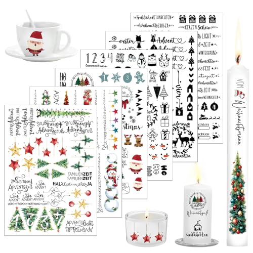 Weihnachten Kerzenfolie, 6 Blatt A5 Kerzen Tattoofolie Advent mit Zahlen Adventskerzen 1-24 Kerzenfolie Sprüche, Weihnachten Advent DIY Kerzenfolie für Adventskerzen und Keramik von LXYYDS