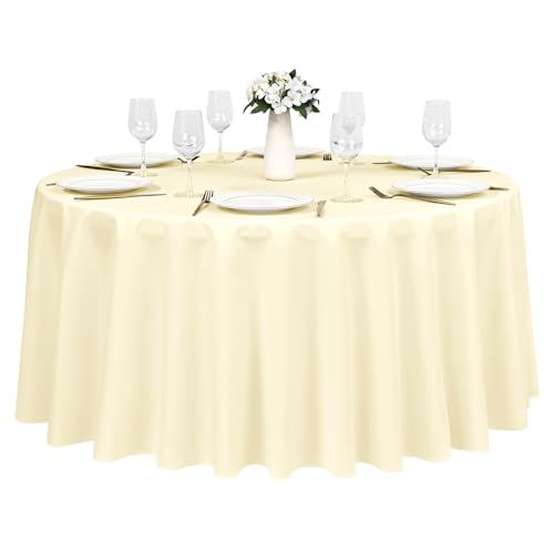 1 Stück Rund Beige Tischdecke, Durchmesser 229 cm Rund, Waschbarer Polyester Stoff,Knitterresistent,Verblasst Nicht,Resistente Flecke Tischdecke Tischdekoration für Hochzeit Party Restaurant Bankett von LYAFS