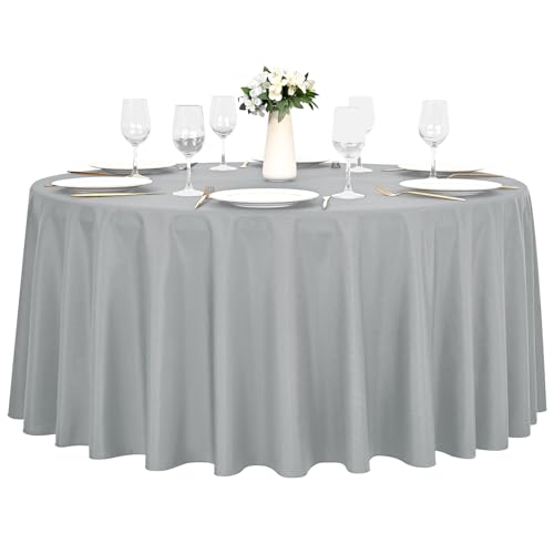 1 Stück Rund Hellgrau Tischdecke, Durchmesser 229 cm Rund, Waschbarer Polyester Stoff,Knitterresistent,Verblasst Nicht,Resistente Flecke Tischdecke Tischdekoration für Hochzeit Party Restaurant Banket von LYAFS