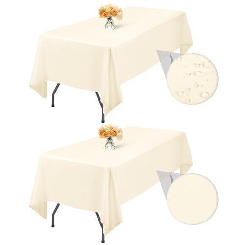 2-Packung Beige 153x260cm Rechteck Tischdecke Abwischbar, wasserdichte Fleckenbeständige Waschbare Polyester Stoff Tischdecke für Hochzeitsfeier Geburtstag Buffet Camping Drinnen Draußen von LYAFS