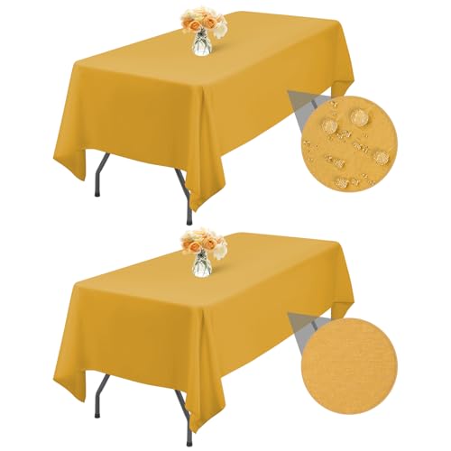 2-Pack Gold Rechteck Tischdecke 153x260cm, Geeignet für 1,8m Tisch wasserdichte Fleckenbeständige Waschbare Stoff Polyester Faltenfreie Tischdecke für Hochzeitsfeier Geburtstag Buffet Camping von LYAFS