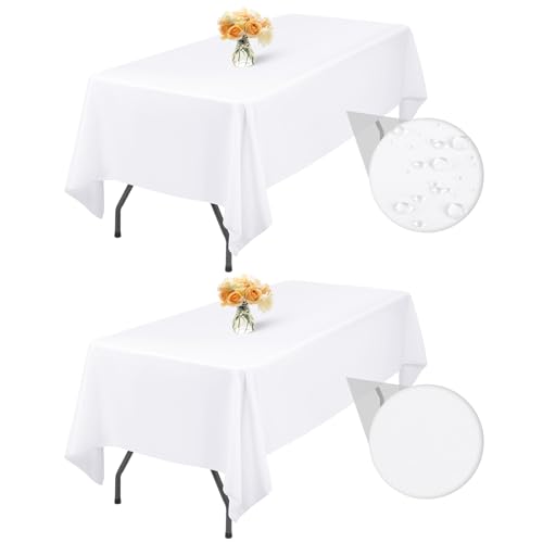 2-Packung Weißer Polyester 153x260cm/60x102inch Rechteck Tischdecke, wasserdichte Fleckenbeständige Waschbare Faltenfreie Tischdecke für Hochzeitsfeier Geburtstag Buffet Camping, Esstisch Abdeckungen von LYAFS