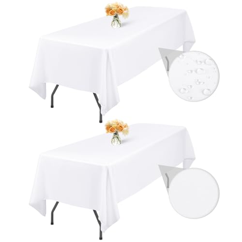 2-Packung Weißer 153x320cm Rechteck Tischdecke Abwischbar, wasserdichte Fleckenbeständige Waschbare Polyester Stoff Tischdecke für Hochzeitsfeier Geburtstag Buffet Camping Drinnen Draußen von LYAFS