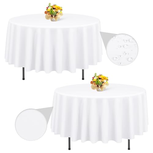 2-Packung Weiße 228cm Runde Tischdecke Wischbare, wasserdichte Fleckenbeständige Waschbare Faltenfreie Polyester Stoff Tischdecke für Hochzeitsfeier Geburtstag Buffet Camping, Esstisch Abdeckungen von LYAFS