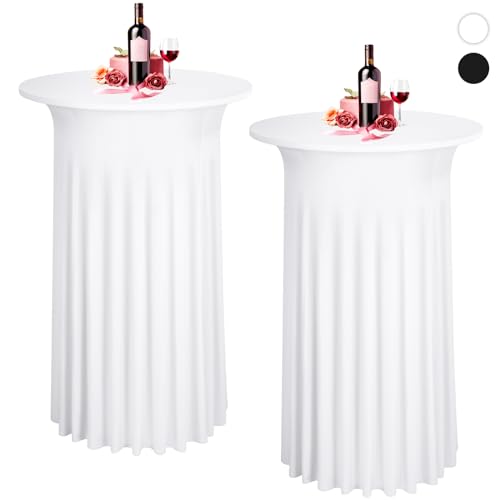 2 Packungen weiße Stehtischhussen, 60 x 110 cm, Dehnbare Stehtisch-Tischdecke mit Rock, runder Spandex-Cocktail-Tischrock, Bistrotisch-Stehtisch-Abdeckung, Party für Bankett, Hochzeit, Geburtstag von LYAFS