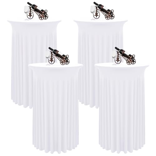 4er-Set Weiß Stehtisch Hussen für Bistrotisch 60 x 110 cm Spandex-Stretch Tischdecke mit Rock, Runder Cocktail-Tischrocke für Hochzeit, Bar, Party, Geburtstag, Banketttisch von LYAFS