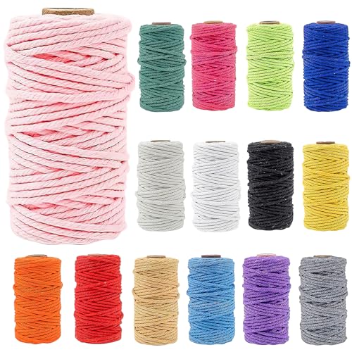 15 Rollen Makramee Garn 3mm x 30M, Bunte Makramee Schnur, Farbiges Makramee Seil 4 Fach gedrehtes Baumwollseil Baumwollschnur für DIY Handwerk Basteln Stricken Boho Deko Wandbehang von LYCN