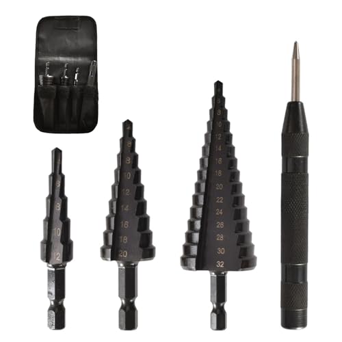 LYCXAMES HSS Stufenbohrer, 4 PCS Spiralnut Stufenbohrer Set, 3 -tlg Kegelbohrer（4-12mm/4-20mm/4-32mm）und 1 automatischer Zentralstempel 13cm, Titanbeschichtet Profi Schälbohrer von LYCXAMES