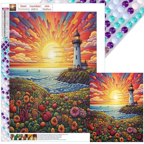 LYEAA Sunrise sea Lighthouse Diamond Painting 5D DIY Full Round Drill Diamond Paint Leuchtturm Dekor 50x65cm von LYEAA