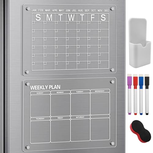 LYFJXX Acryl-Kalender für Kühlschrank, Clear Dry Erase Board für Kühlschrank, Set von 2 wiederverwendbare monatliche & wöchentliche Planung Boards, enthält 4 Farben Marker 16x12" & Radiergummi von LYFJXX
