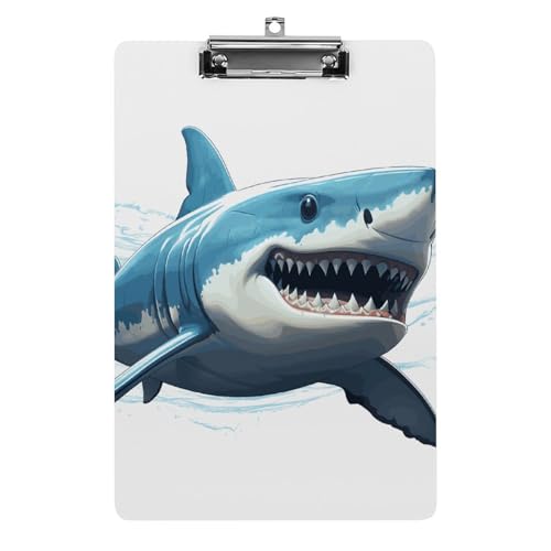 Blue Shark Klemmbrett, stabiles leichtes Acryl-Klemmbrett, A4, Standardgröße, 21,6 x 31,8 cm, Büro-Klemmbrett mit flachem Metallclip, niedliches Klemmbrett zum Aufhängen für die Arbeit von LYHVSFJW