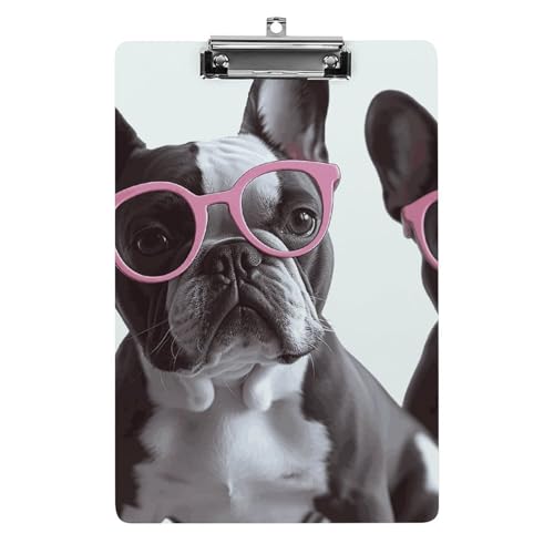 Klemmbrett, stabil, leicht, französische Bulldogge, rosa Brille, Acryl-Klemmbrett, A4, Standardgröße 21,6 x 31,8 cm, Büro-Klemmbrett mit flachem Metallclip, niedliches Klemmbrett zum Aufhängen für die von LYHVSFJW