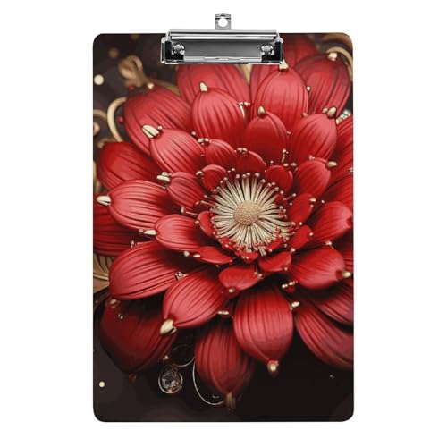 Klemmbrett, stabiles, leichtes Acryl-Klemmbrett mit rot-goldener Blume, A4, Standardgröße 21,6 x 31,8 cm, Büro-Klemmbrett mit flachem Metallclip, niedliches Klemmbrett zum Aufhängen für die Arbeit von LYHVSFJW