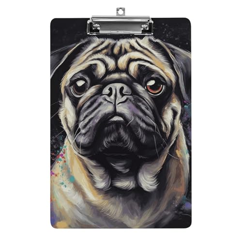 Klemmbrett, stabiles leichtes Porträt von Mops, Acryl-Klemmbrett, A4, Standardgröße 21,6 x 31,8 cm, Büro-Klemmbrett mit flachem Metallclip, niedliches Klemmbrett zum Aufhängen für die Arbeit von LYHVSFJW