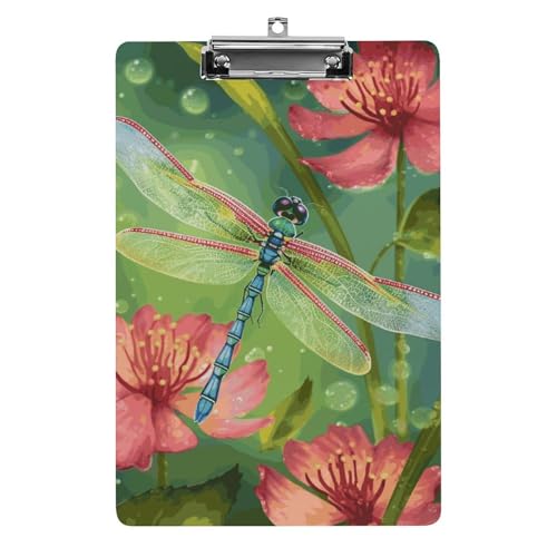 Klemmbrett mit Libellen und Blumen, stabiles leichtes Acryl-Klemmbrett, A4, Standardgröße 21,6 x 31,8 cm, Büro-Klemmbrett mit flachem Metallclip, niedliches Klemmbrett zum Aufhängen für die Arbeit von LYHVSFJW