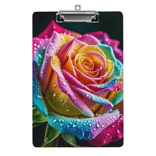 Klemmbrett mit bunten Rosen mit Wasser, stabiles leichtes Acryl-Klemmbrett, A4, Standardgröße 21,6 x 31,8 cm, Büro-Klemmbrett mit flachem Metallclip, niedliches Klemmbrett zum Aufhängen für die Arbeit von LYHVSFJW