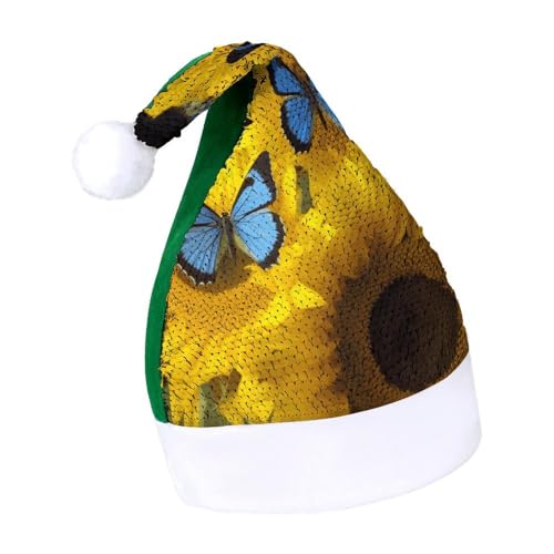 Orange CatsChristmas Hat New Year Santa Hat Extra Thick Plush Xmas Holiday Hat Santa Caps for Holiday Parties, Green-Yellow Sunflowers With Blue Butterflies, 7-8 von LYHVSFJW