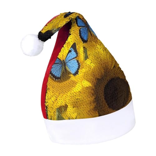 Orange CatsChristmas Hat New Year Santa Hat Extra Thick Plush Xmas Holiday Hat Santa Caps for Holiday Parties, Red-Yellow Sunflowers With Blue Butterflies, 7-8 von LYHVSFJW