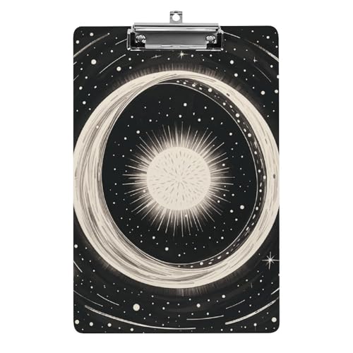 Schwarz-weißes Klemmbrett mit Sonne, Mond, Galaxie, stabiles leichtes Acryl-Klemmbrett, A4, Standardgröße 21,6 x 31,8 cm, Büro-Klemmbrett mit flachem Metallclip, niedliches Klemmbrett zum Aufhängen von LYHVSFJW