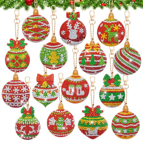 LYLIDIA 15 Set Diamond Painting Weihnachten Anhänger Erwachsene Diamond Painting Klein Schlüsselanhänger Doppelseitige Diamant Painting Winter Malerei Bastelset DIY Kit Weihnachtsbaum Deko von LYLIDIA