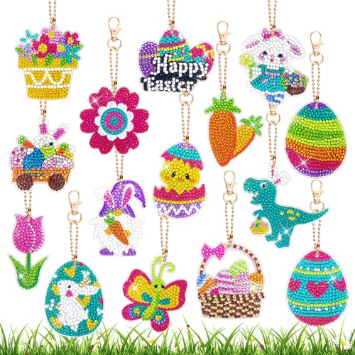 LYLIDIA 15 Stück Diamond Painting Ostern Kinder Diamond Painting Ostern Doppelseitige Schlüsselanhänger Anhänger Diamand Painting Hase Ei Deko Klein Frühling Blumen Diamond Bastelset Ostern Geschenk von LYLIDIA