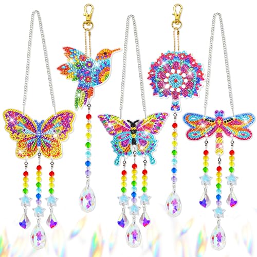 LYLIDIA 5 Stück Diamond Painting Windspiel Kinder Basteln Mädchen 6 7 8 10 Jahre Sonnenfänger Schmetterling 5D Diamant Painting Anhänger Bastelset Diamontpating Diamanten Painting Erwachsene Geschenk von LYLIDIA