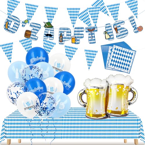 LYLIDIA Oktoberfest Deko Set Bayrische Deko 32 Bierfest Banner Flags Girlande, Bayerische Tischdecke, O'ZAPFT IS Wimpelkette Buchstaben , 20 Napkin Bierfest Party Hängende Dekoration Set von LYLIDIA