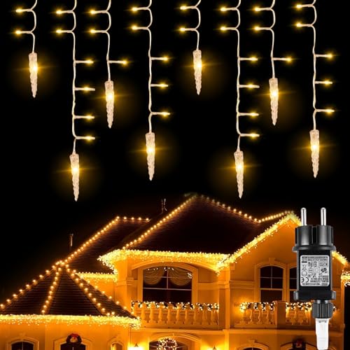 LYLIN Led Eiszapfen Lichterkette Innen Außen, 9M 240 LEDs Lichterschlauch mit 10m Kabel EU Stecker IP44 Wasserdichte 8 Modi für Balkon Vorhang GartenWeihnachten Dekoration Warmweiß von LYLIN