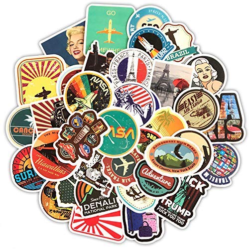 50 Stück Vintage Reise Etiketten Aufkleber Vinyl Koffer Gepäck Sticker Set für Skateboard Laptop Gitarre Computer Auto Motorrad ,Wasserfeste Aesthetic Retro Stil Aufkleber für Erwachsenen Kinder von LYLSDSB