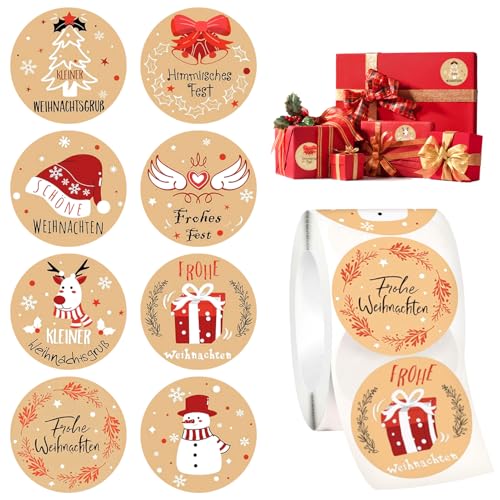 500 Stück Aufkleber Weihnachten, 4cm Weihnachtsaufkleber Rolle im 8 Stil, Kraftpapier Weihnachtsaufkleber, Selbstklebend Rollen Stickers für Geschenk Umschlag Grußkarten von LYNBLY