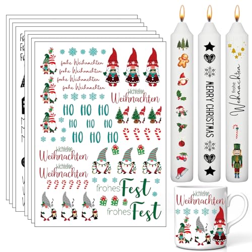 LYNBLY 8Pcs Kerzentatoo Weihnachten, Kerzenfolie Weihnachten, Weihnachten Kerzen Sticker, Kerzen Wasserschiebefolie, DIY Kerzensticker für Stabkerzen Kleine Kerzen Tasse Keramik von LYNBLY