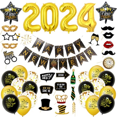 Silvester Deko 2024, 46 Stück Happy New Year Deko, Happy New Year Banner, 2024 Folienballons, Fotorequisiten, Konfetti Ballons, Neujahrsdeko, Silvesterpartydeko Accessoire für Silvesterparty von LYNBLY