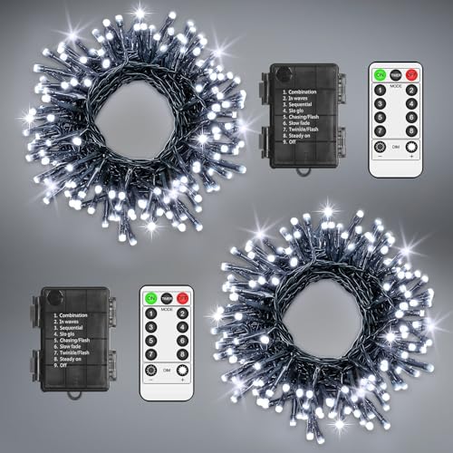 LYNNON 2 Stück 100 LED Lichterkette Außen Batterie Weiß Lichterkette Outdoor Wasserdicht 8 Modi mit Fernbedienung und Timer, für Innen Party Hochzeit Ostern Garten Balkon Weihnachtsbaum deko von LYNNON