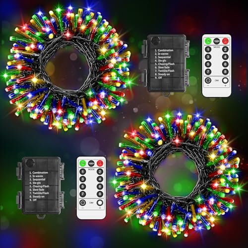 LYNNON 2 Stück 100 LED Lichterkette Außen Batterie Bunt Lichterkette Outdoor Wasserdicht 8 Modi mit Fernbedienung und Timer, für Innen Party Hochzeit Ostern Garten Balkon Weihnachtsbaum deko von LYNNON