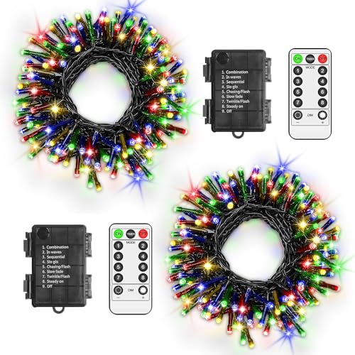 LYNNON 2 Stück 100 LED Lichterkette Außen Batterie Bunt Lichterkette Outdoor Wasserdicht 8 Modi mit Fernbedienung und Timer, für Innen Party Hochzeit Ostern Garten Balkon Weihnachtsbaum deko von LYNNON