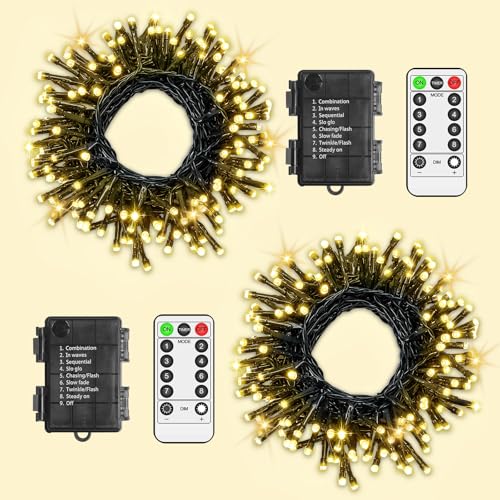 LYNNON 2x100 LED Lichterkette Batterie Warmweiß Lichterkette innen 8 Modi mit Fernbedienung und Timer Wasserdicht Outdoor Lichterkette für Außen Party Hochzeit Ostern Garten Balkon Weihnachtsbaum deko von LYNNON