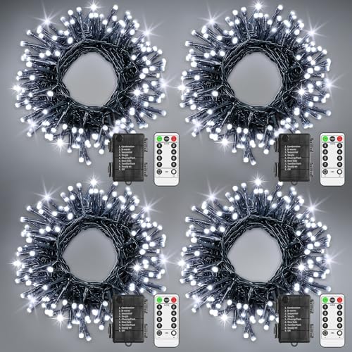 LYNNON 4 Stück 100 LED Lichterkette Außen Batterie Weiß Lichterkette Outdoor Wasserdicht 8 Modi mit Fernbedienung und Timer, für Innen Party Hochzeit Ostern Garten Balkon Weihnachtsbaum deko von LYNNON