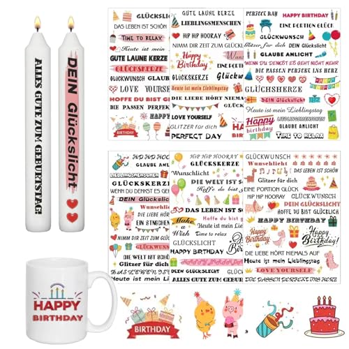 LYNSAN 6 Stück Kerzentattoo Kerzenfolie Geburtstag, Kerzen Tattoo, Wasserschiebefolie Kerzen dekorieren, Wassertransferdruck, Happy Birthday kerzenaufkleber sticker für Kerze Tasse DIY Geschenk von LYNSAN