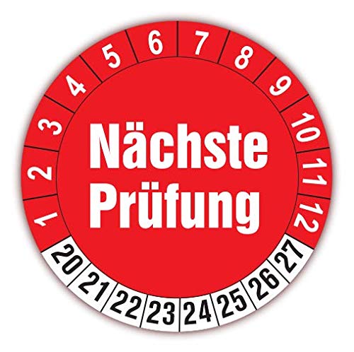 100 Stück Prüfplaketten für 8 Jahre und 12 Monate, gültig 2020 - 2027 ( Auf-P6 ) Durchmesser 30mm, Farbe rot-weiss, Aufkleber, Prüfaufkleber, Prüfetiketten, Folienaufkleber mit UV-Schutzlackierung, Prüfung von LYSCO