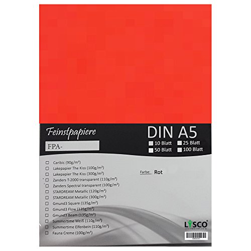 GMUND Transparentpapier DIN A5 Farbe Rot / LYSCO® Feinstpapierset mit 25 Blatt Inhalt (FPA-122) - bedruckbar, sehr gute Qualität, für Einladungen, als Einlegeblätter für Alben, Fotoalben, Fensterbilder, Bastelarbeiten uvm. von LYSCO