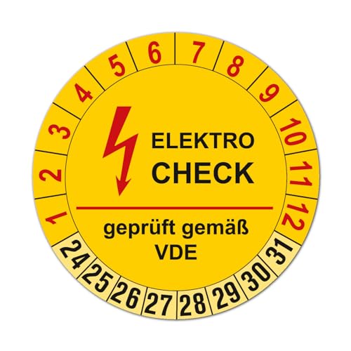 100 Stück Elektro Prüfetiketten auf Rolle, Gültigkeit 8 Jahre, Durchmesser 30mm, Farbe gelb, Aufkleber, Prüfaufkleber, Prüfplaketten, Folienaufkleber mit UV-Schutzlackierung, Prüfung (Auf-P13) von LYSCO