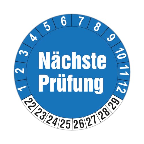 250 Stück Prüfplaketten für 8 Jahre und 12 Monate (Auf-P1) Ø 30mm | Farbe blau-weiss | Prüfaufkleber | Prüfetiketten | Folienaufkleber mit UV-Schutzlackierung von LYSCO